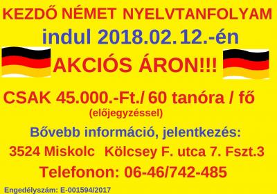 KEZDŐ NÉMET NYELVTANFOLYAM INDUL 2018.02.12.-én CSAK 45.000.-Ft./fő el0