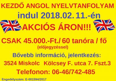 KEZDŐ ANGOL NYELVTANFOLYAM INDUL 2018.02.11.-én CSAK 45.000.-Ft./fő el0